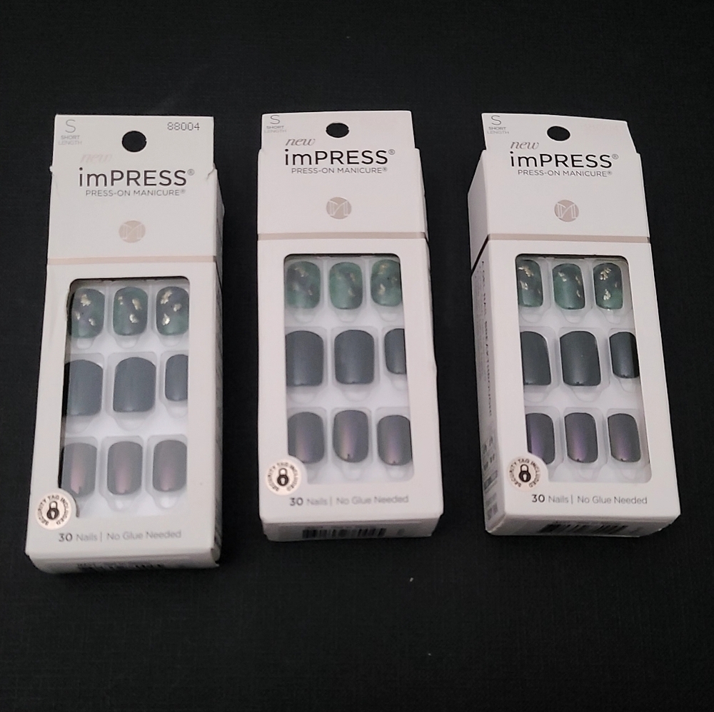 3 Packs - Kiss Impress Nails Press On Green And Gold With Dark Metallic